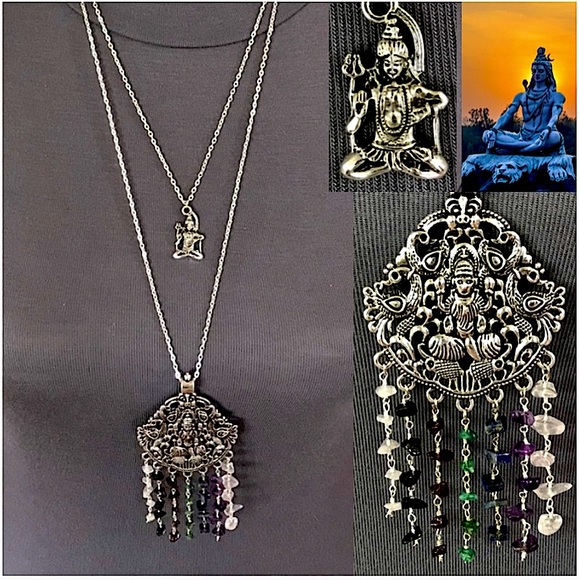 Hand Crafted Jewelry - Dancing Shiva Handmade 2-Layer Boho Hindu Silver Necklace Rainbow Chakra Stones